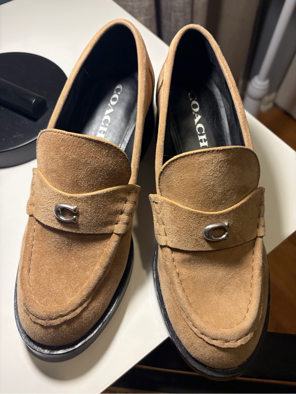 Coach Tan Suede Women's Penny Loafers with Silver Accent - Picture 2 of 8